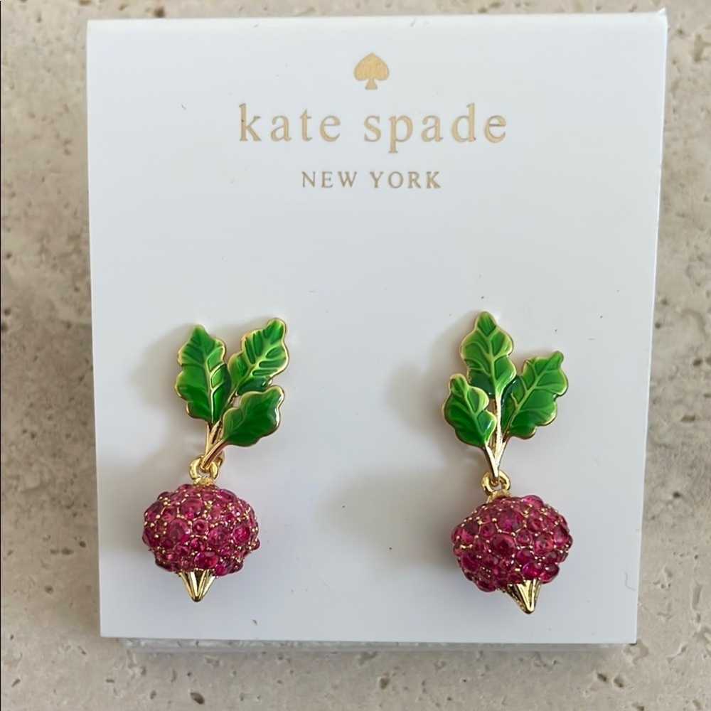 Kate Spade Pink Flower Green Leaf Crystal Stud Earrings Gold Tone
